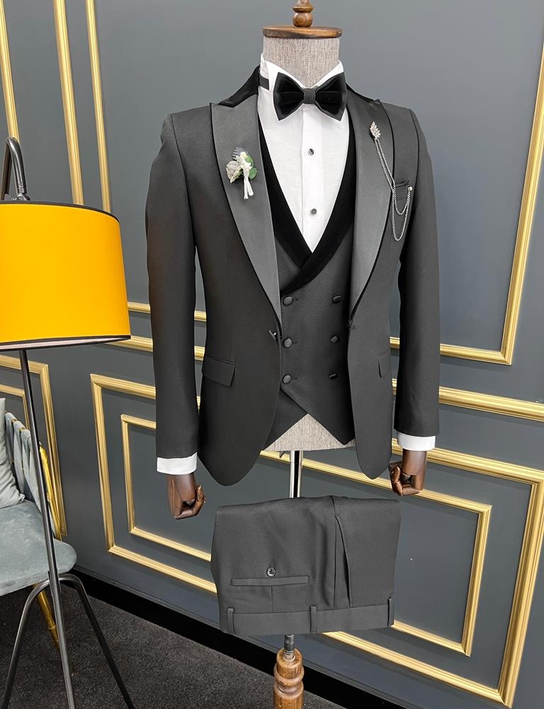 Black Slim Fit Three Piece Velvet Lapel Wedding Groom Tuxedo Suit for Men by GentWith.com with Free Worldwide Shipping