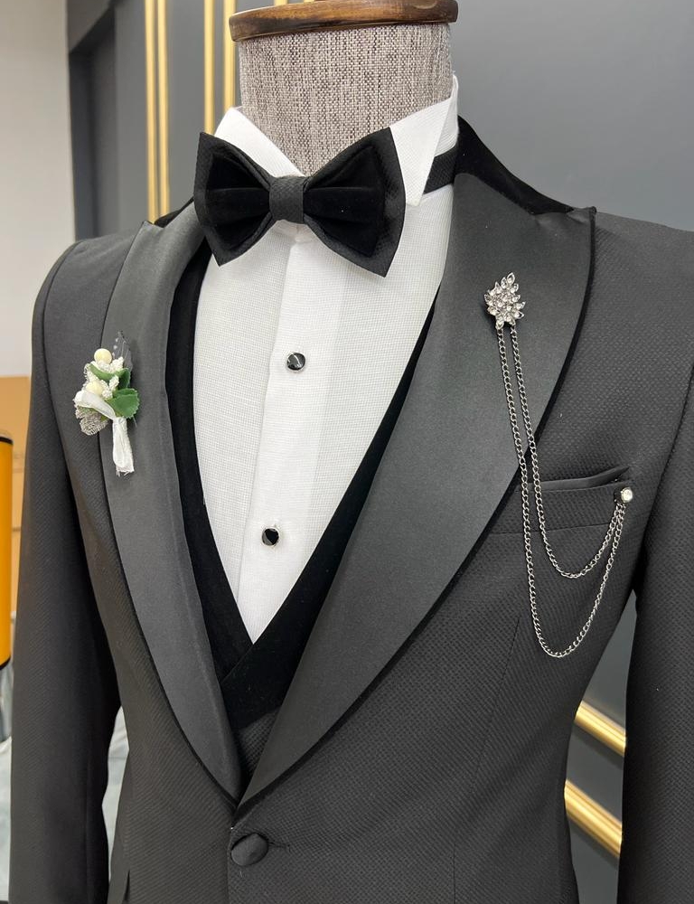 Black Slim Fit Three Piece Velvet Lapel Wedding Groom Tuxedo Suit for Men by GentWith.com with Free Worldwide Shipping