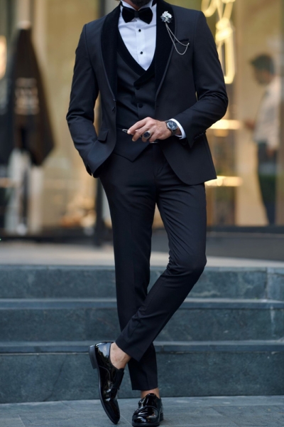 Black Slim Fit Velvet Shawl Lapel Tuxedo