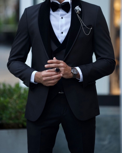 Black Slim Fit Three Piece Velvet Shawl Lapel Wedding Groom Tuxedo Suit for Men by GentWith.com with Free Worldwide Shipping