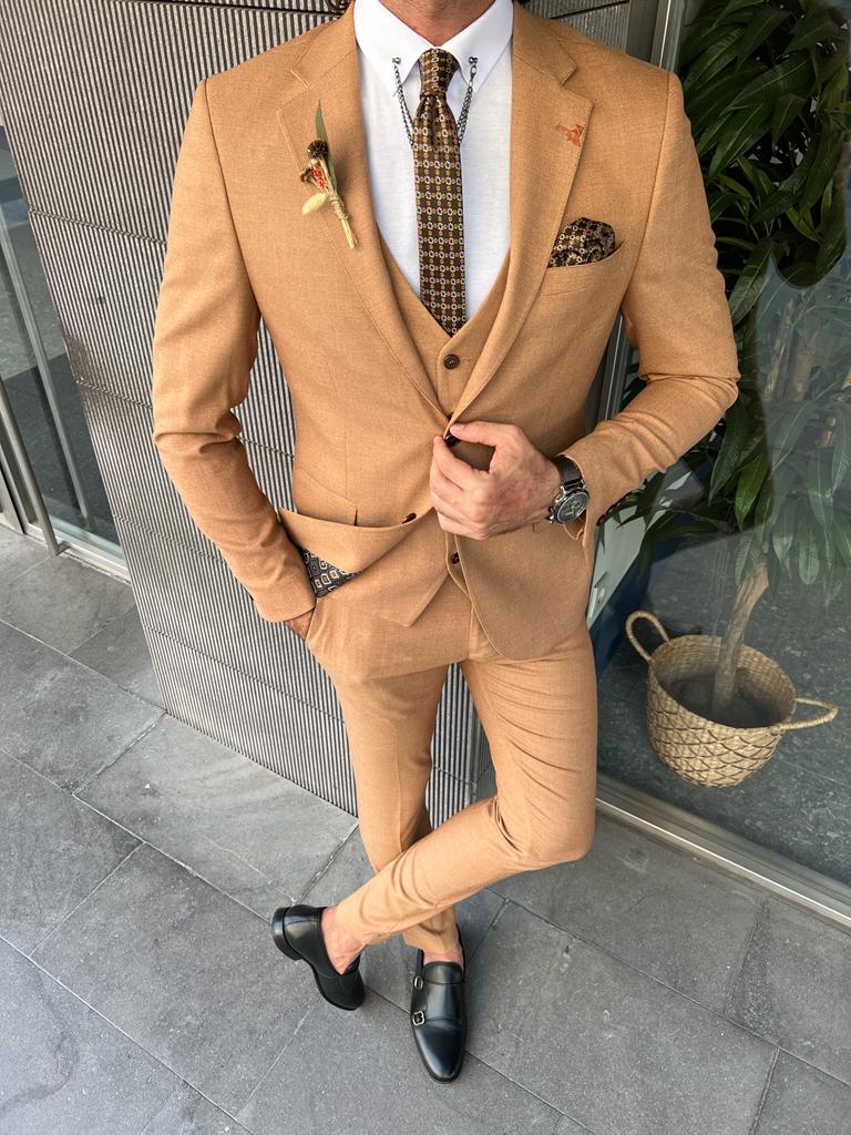 Camel Brown Slim Fit Notch Lapel Suit for Men by