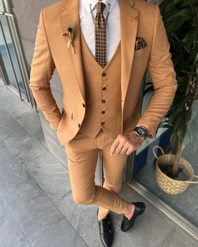 Camel Brown Slim Fit Three Piece Notch Lapel Wedding Groom Suit for Men by GentWith.com with Free Worldwide Shipping