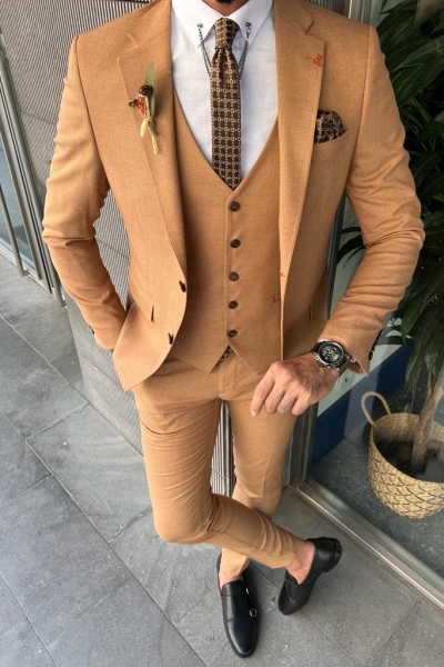 Camel Brown Slim Fit Three Piece Notch Lapel Wedding Groom Suit for Men by GentWith.com with Free Worldwide Shipping