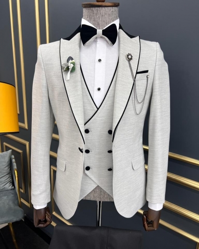 Gray Slim Fit Three Piece Peak Lapel Wedding Groom Tuxedo Suit for Men by GentWith.com with Free Worldwide Shipping