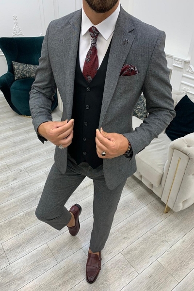 Gray Slim Fit Three Piece Notch Lapel Wedding Groom Suit for Men by GentWith.com with Free Worldwide Shipping