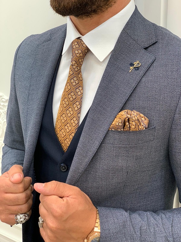 Gray Tuxedo With Navy Tie and Pocket Square