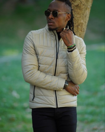 Men's Beige Faux Leather Puffer Jacket