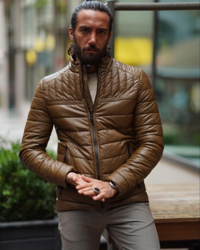 Men's Brown Faux Leather Puffer Jacket