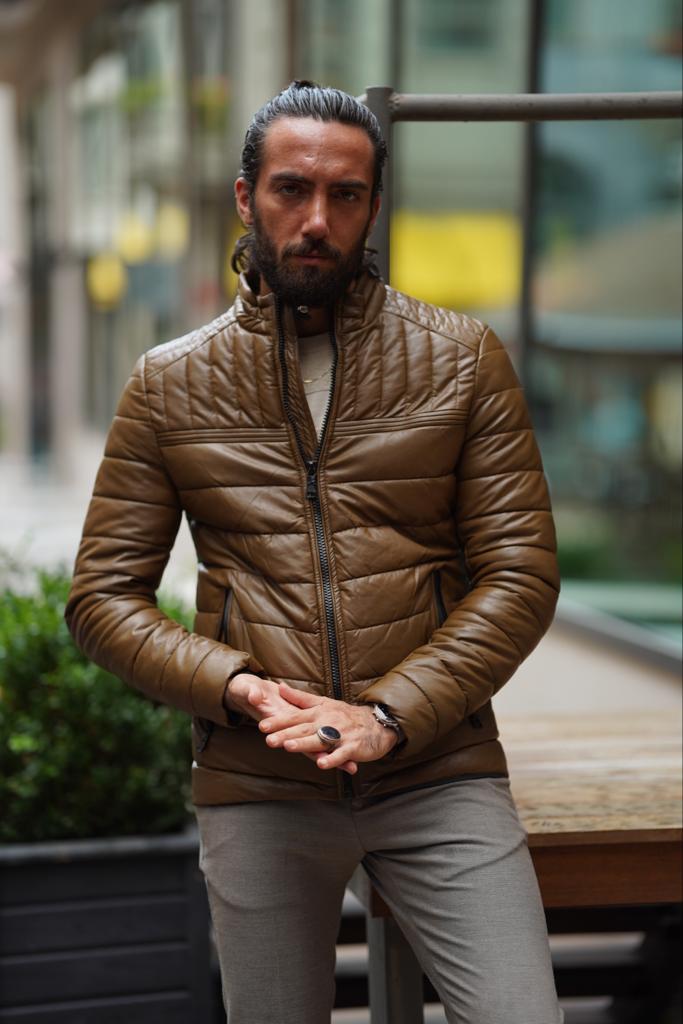 GentWith Danville Slim Fit Brown Faux Leather Puffer Jacket