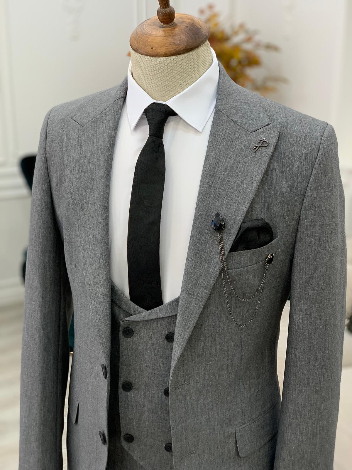 Light Gray Slim Fit 3 Piece Peak Lapel Wedding Groom Suit for Men by GentWith.com with Free Worldwide Shipping