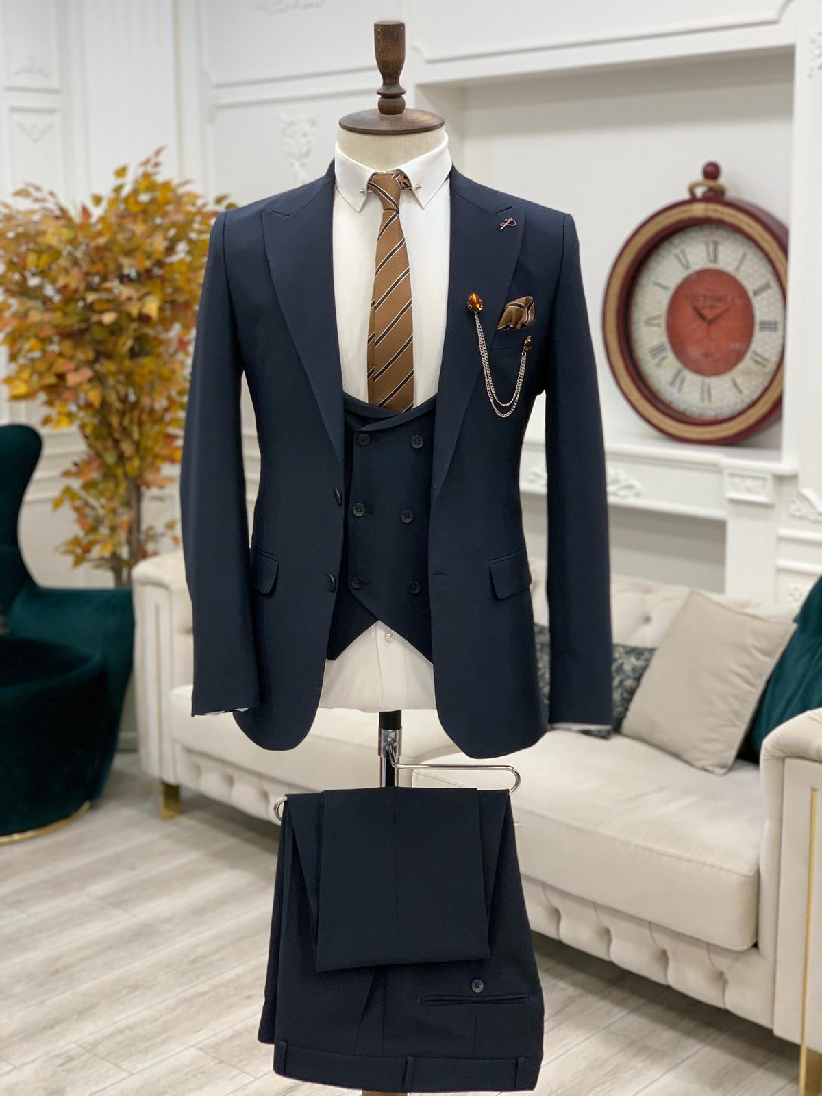 Navy Blue Slim Fit 3 Piece Peak Lapel Wedding Groom Suit for Men by GentWith.com with Free Worldwide Shipping
