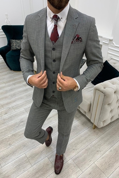 Gray Slim Fit Three Piece Notch Lapel Wedding Groom Suit for Men by GentWith.com with Free Worldwide Shipping