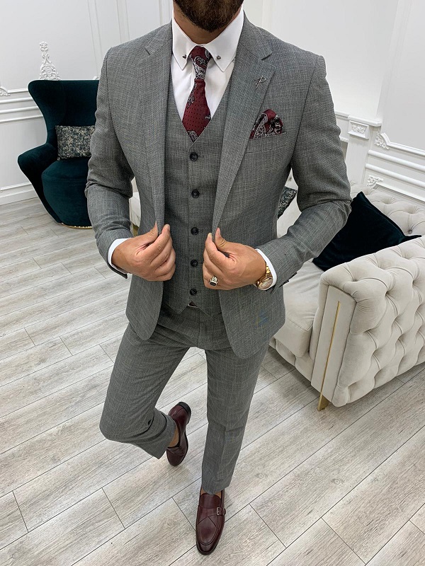 Gray Slim Fit Three Piece Notch Lapel Wedding Groom Suit for Men by GentWith.com with Free Worldwide Shipping