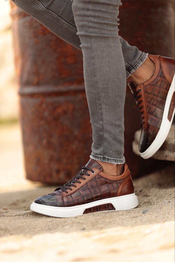 Brown Mid-Top Crocodile Pattern Sneakers for Men by GentWith.com with Free Worldwide Shipping
