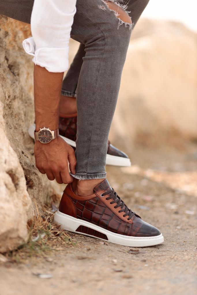 Brown Mid-Top Crocodile Pattern Sneakers for Men by GentWith.com with Free Worldwide Shipping