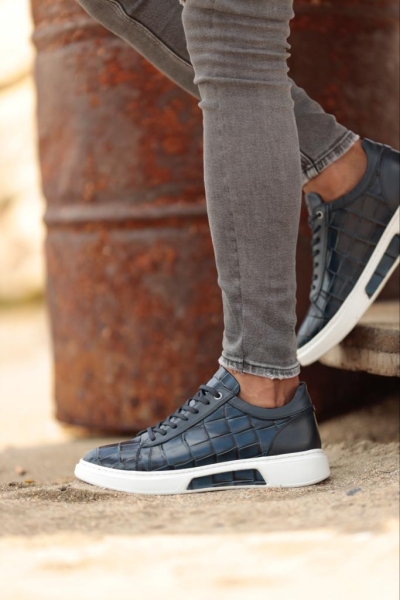 Navy Blue Mid-Top Crocodile Pattern Sneakers for Men by GentWith.com with Free Worldwide Shipping