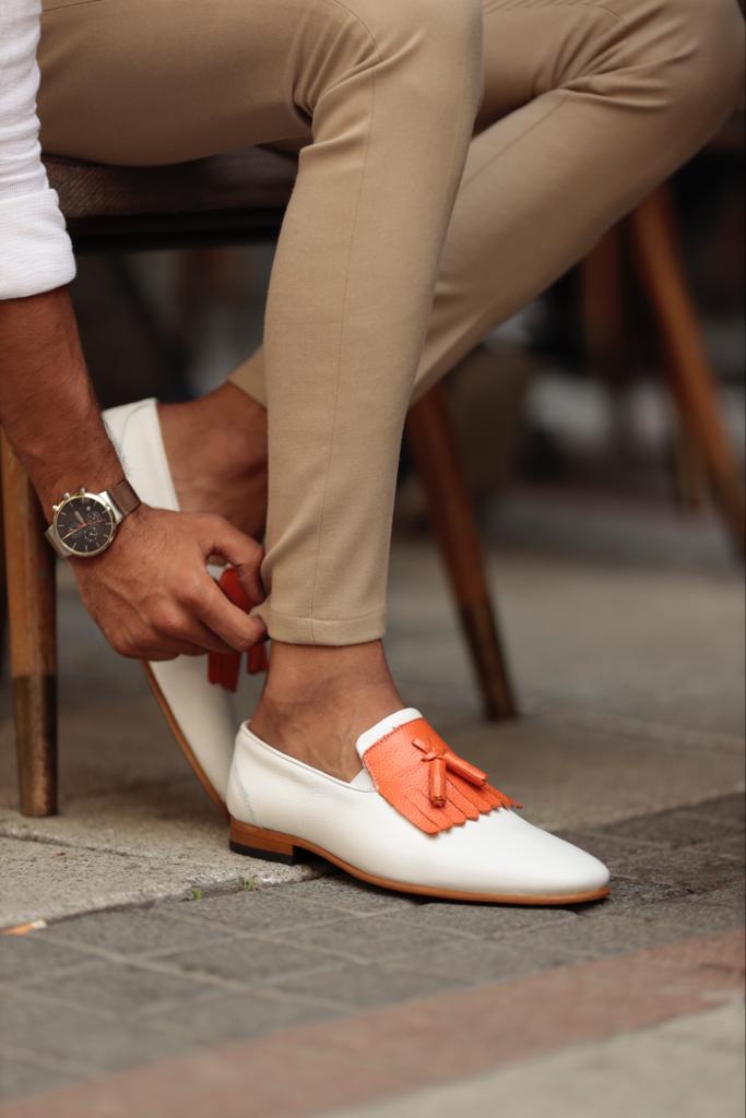 White Wedding Groom Leather Tassel Slip-Ons for Men by GentWith.com with Free Worldwide Shipping