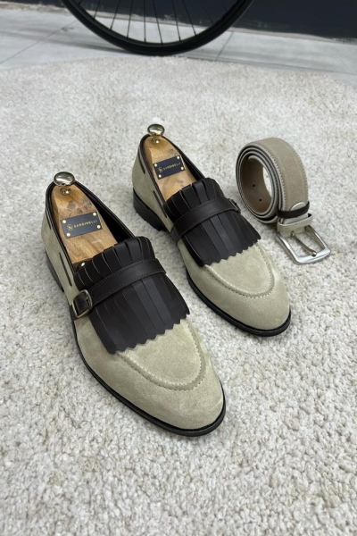 Beige Suede Kilt Groom Wedding Loafers for Men by GentWith.com with Free Worldwide Shipping