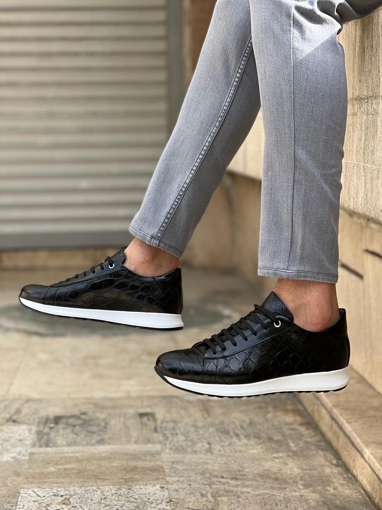 Black Crocodile Pattern Mid-Top Sneakers for Men | GentWith.com