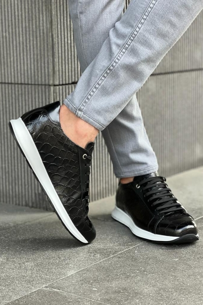 Black Crocodile Pattern Mid-Top Sneakers for Men by GentWith.com with Free Worldwide Shipping