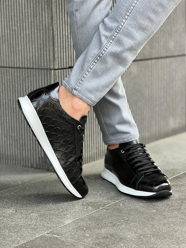 Black Crocodile Pattern Mid-Top Sneakers for Men by GentWith.com with Free Worldwide Shipping