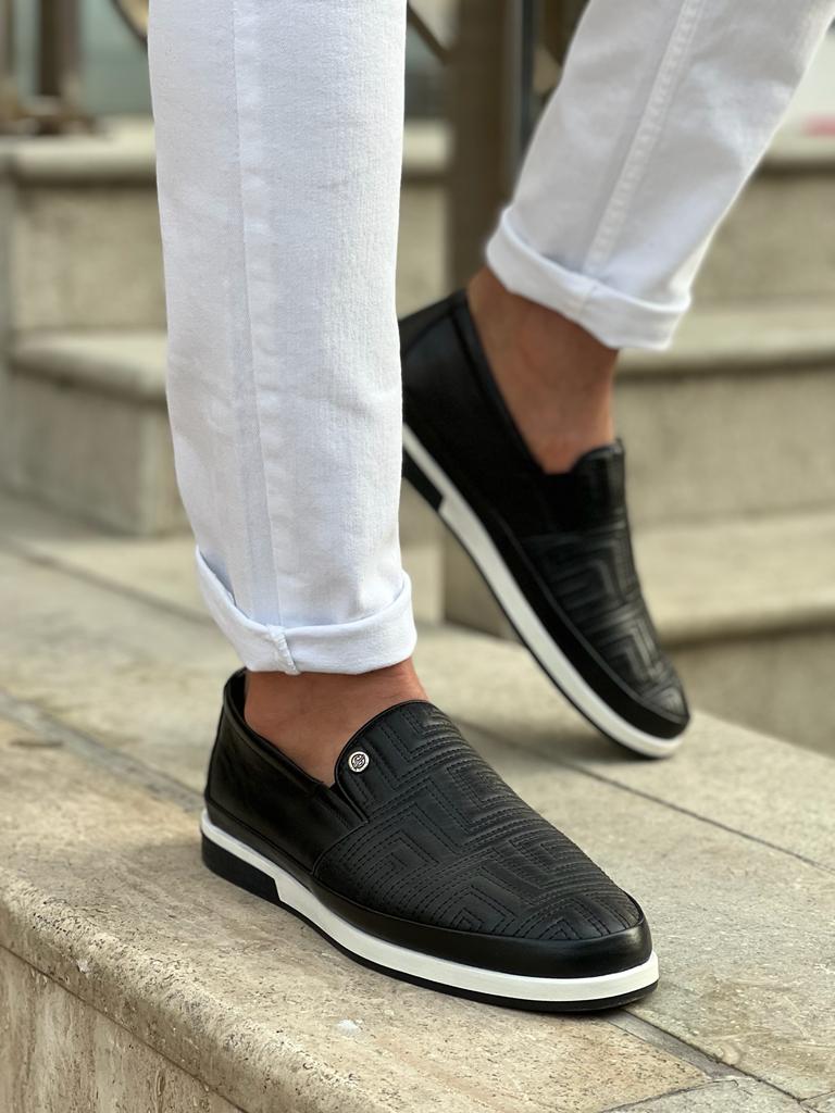 Black Patterned Slip-Ons for Men by GentWith.com with Free Worldwide Shipping