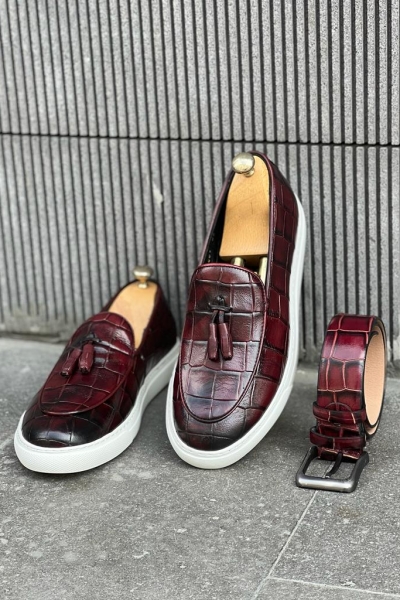 Burgundy Crocodile Pattern Tassel Groom Wedding Loafers for Men by GentWith.com with Free Worldwide Shipping