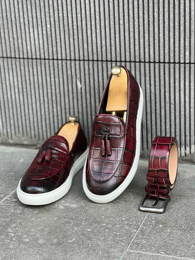 Burgundy Crocodile Pattern Tassel Groom Wedding Loafers for Men by GentWith.com with Free Worldwide Shipping