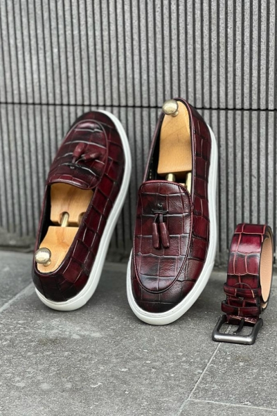 Burgundy Crocodile Pattern Tassel Groom Wedding Loafers for Men by GentWith.com with Free Worldwide Shipping