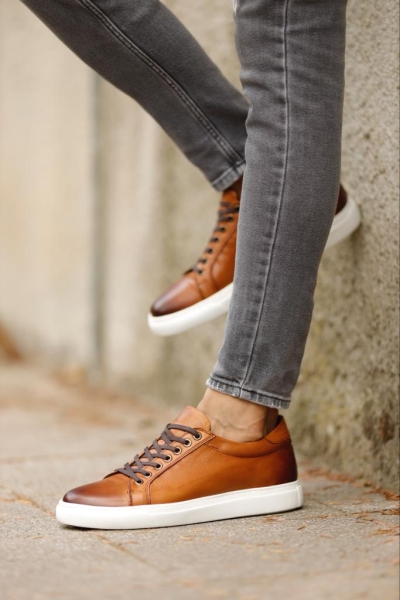 Tan Mid-Top Sneakers for Men by GentWith.com with Free Worldwide Shipping