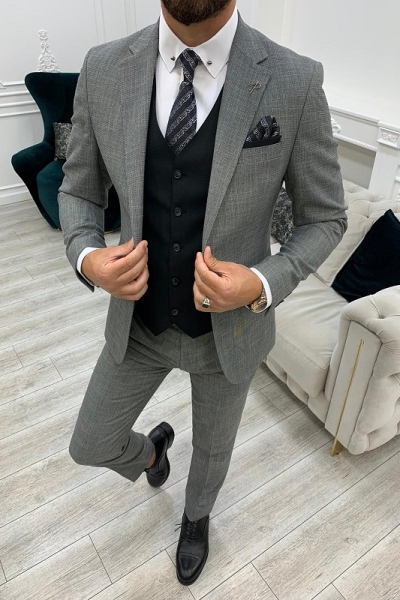 Light Gray Slim Fit Three Piece Notch Lapel Wedding Groom Suit for Men by GentWith.com with Free Worldwide Shipping