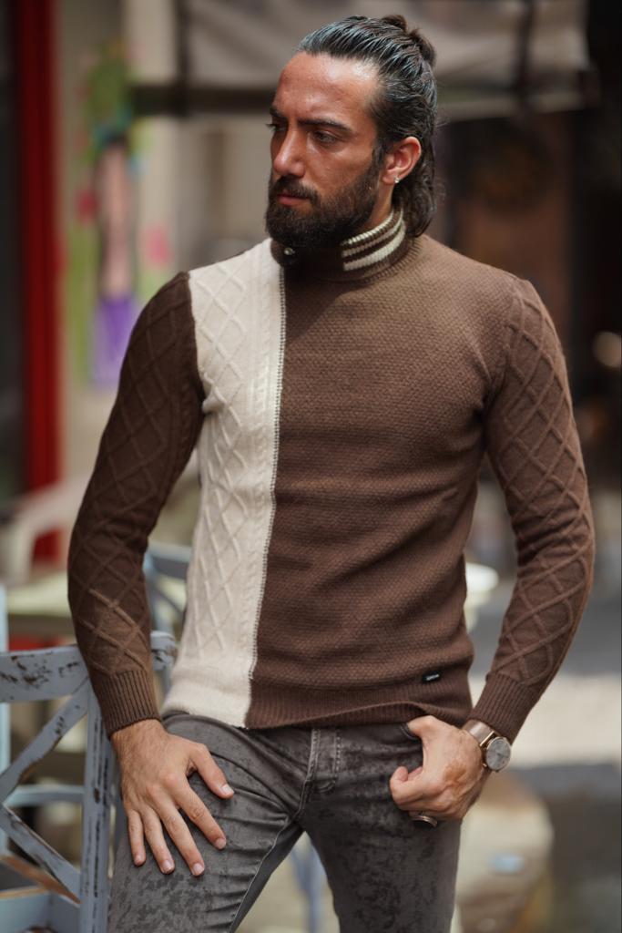 GentWith Sioux Beige Brown Slim Fit Turtleneck Sweater 