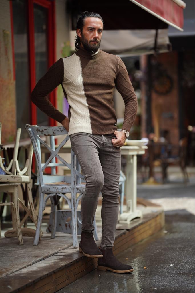 Beige Brown Turtleneck Sweater for Men by GentWith.com with Free Worldwide Shipping