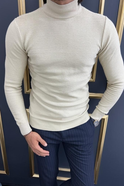 Beige Mock Turtleneck Sweater for Men by GentWith.com with Free Worldwide Shipping