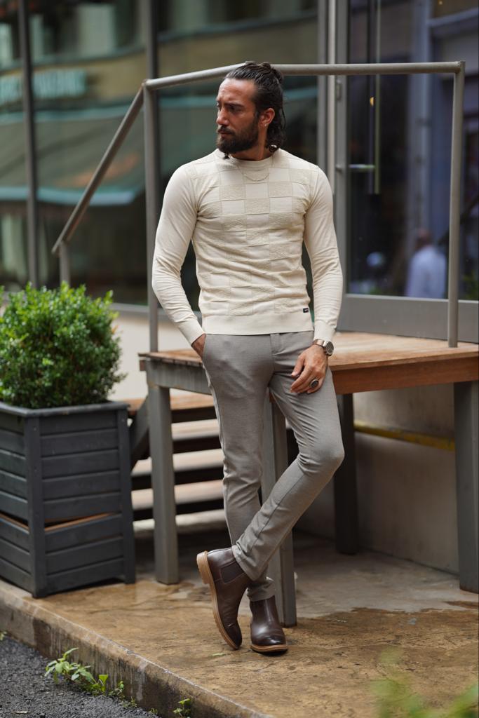 Beige Slim Fit Patterned Crewneck Sweater for Men by GentWith.com with Free Worldwide Shipping