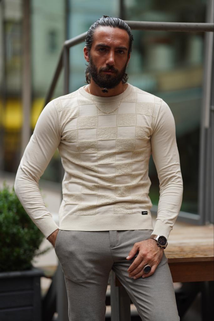 Beige Slim Fit Patterned Crewneck Sweater for Men by GentWith.com with Free Worldwide Shipping