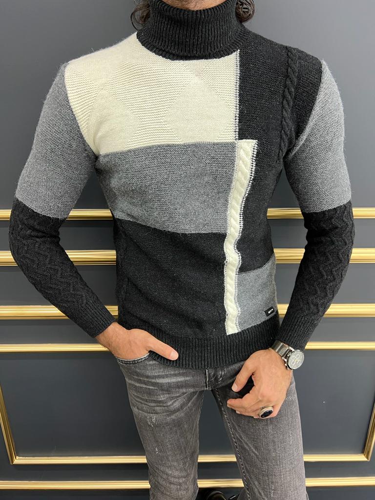 Black Gray Turtleneck Sweater for Men by GentWith.com with Free Worldwide Shipping