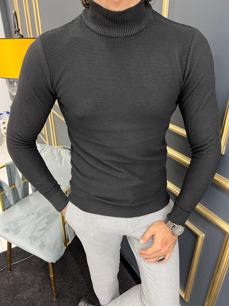 GentWith Sioux Black Slim Fit Mock Turtleneck Sweater 