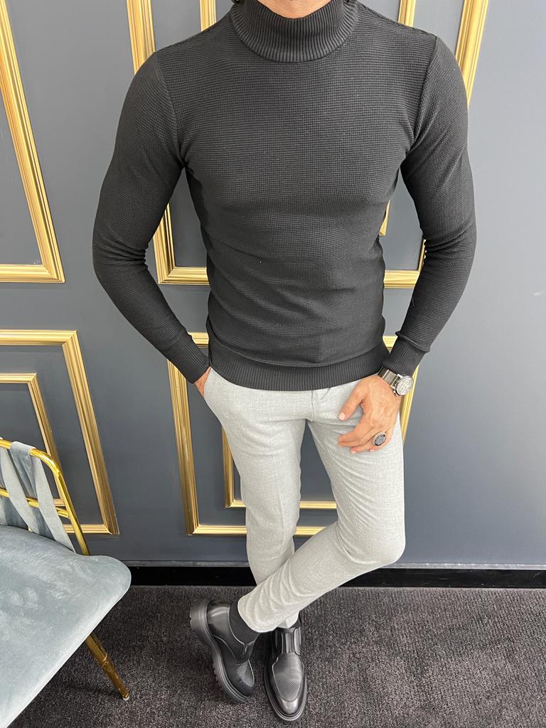 Brown Slim Fit Mock Turtleneck Sweater for Men by