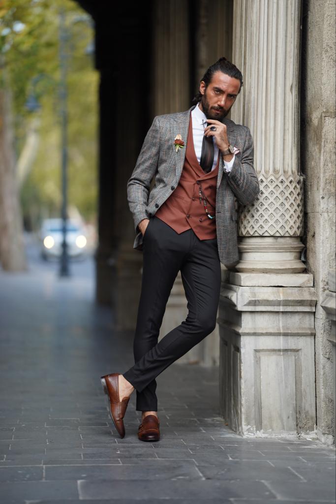 GentWith Sioux Dark Blue Slim Fit Double Breasted Pinstripe Suit