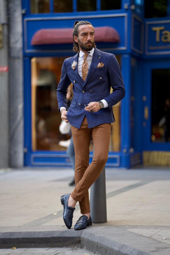 GentWith Sioux Dark Blue Slim Fit Double Breasted Wool Suit