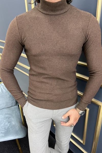 Brown Mock Turtleneck Sweater for Men by GentWith.com with Free Worldwide Shipping