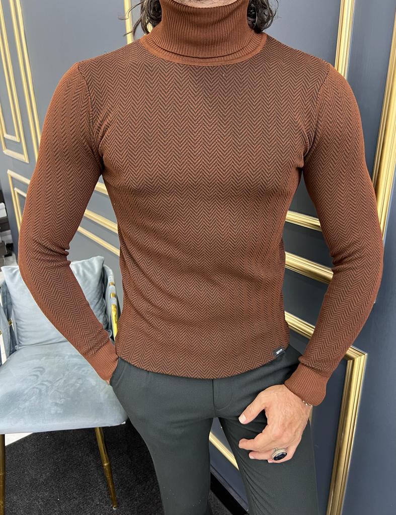 Rust Brown Slim Fit Striped Turtleneck Sweater for Men | GentWith