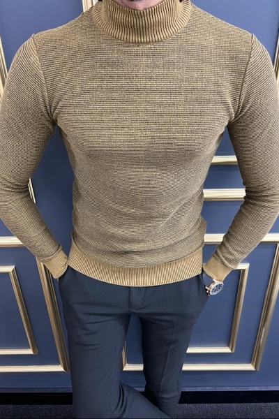 Camel Mock Turtleneck Sweater for Men by GentWith.com with Free Worldwide Shipping