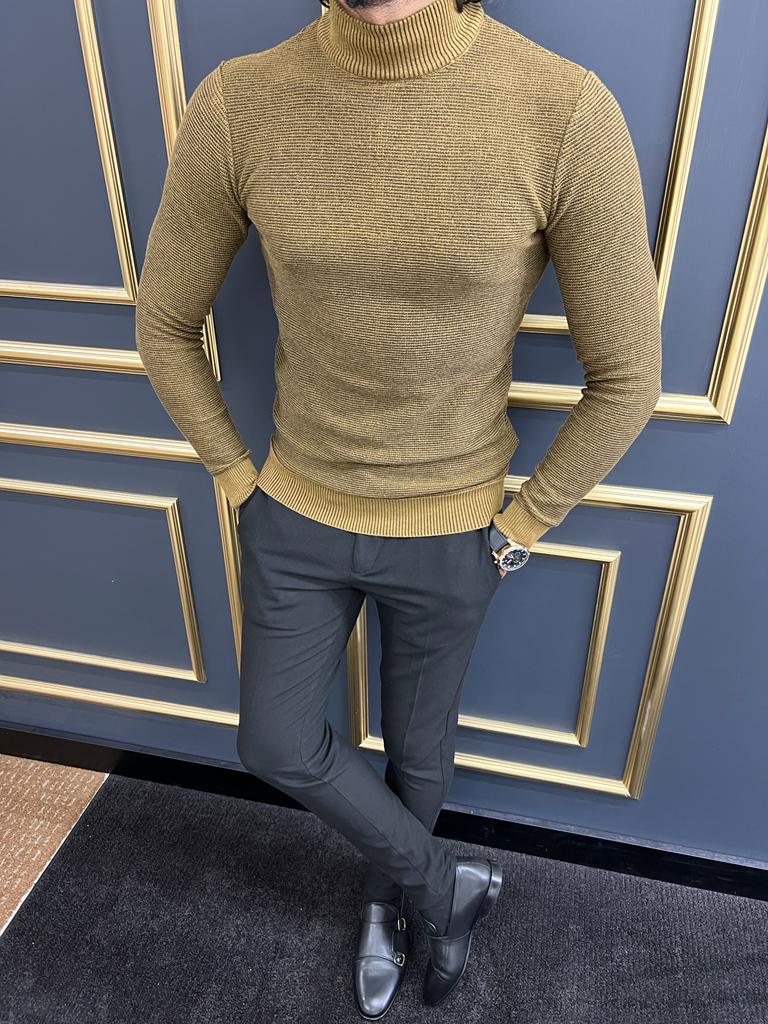 Camel Mock Turtleneck Sweater for Men by GentWith.com with Free Worldwide Shipping