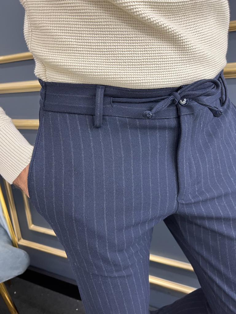 GentWith Tampa Dark Blue Slim Fit Pinstripe Linen Pants