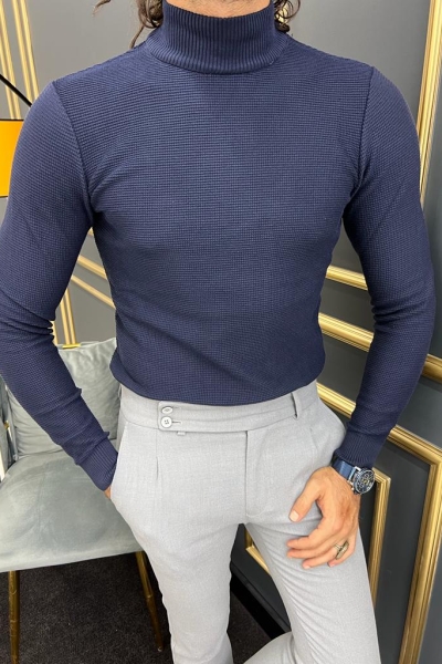 Navy Blue Mock Turtleneck Sweater for Men by GentWith.com with Free Worldwide Shipping