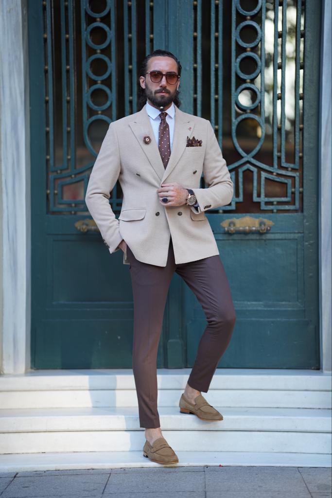 GentWith Sioux Beige Slim Fit Peak Lapel Blazer