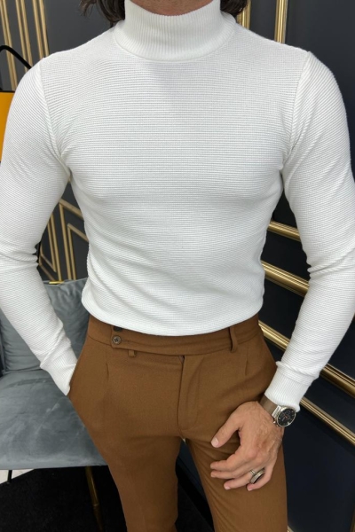 White Mock Turtleneck Sweater for Men by GentWith.com with Free Worldwide Shipping