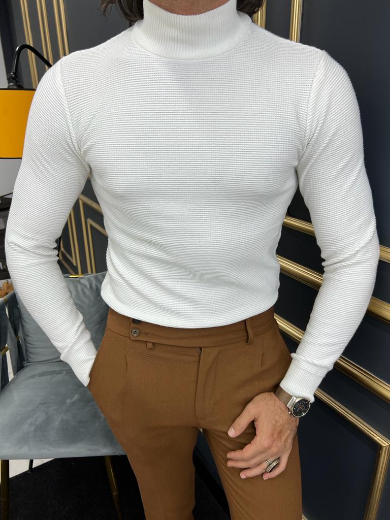 White Mock Turtleneck Sweater for Men by GentWith.com with Free Worldwide Shipping